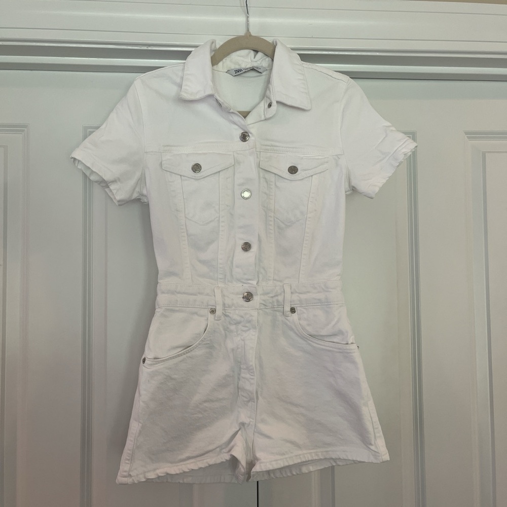 Zara white denim jumpsuit